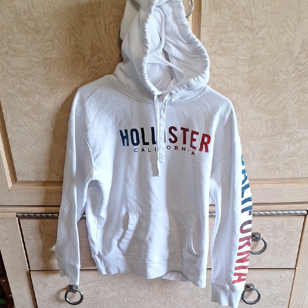 Hollister White Hoodie with Red and Blue Lettering
